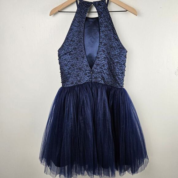 Navy Blue Halter Sleeveless Satin Beaded & Tulle Mini Dress M? Keyhole Back - Picture 5 of 9